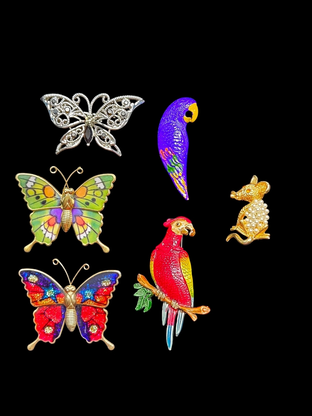 Colorful Butterfly & Parrot Gold Tone Fuax Pearl Mouse Animal Brooches Lot Of 6